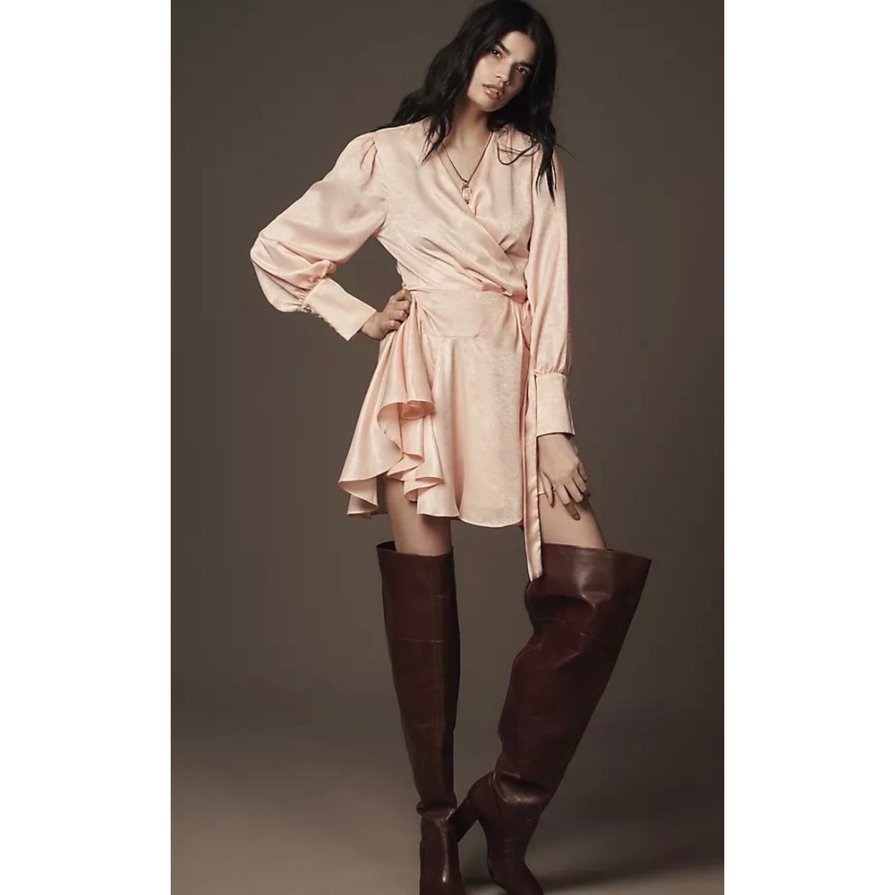 Glamorous Petite by Anthropologie Long-Sleeve Metallic Wrap Mini Dress LP NWT